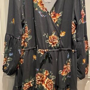 Maurices Gray and Orange V-Neck Sundress with Bishop Sleeves